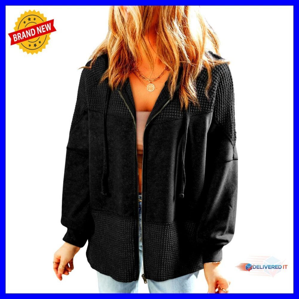 Waffle Knit Zip Up Hoodie Oversized Chic Fall Shacket with Pockets